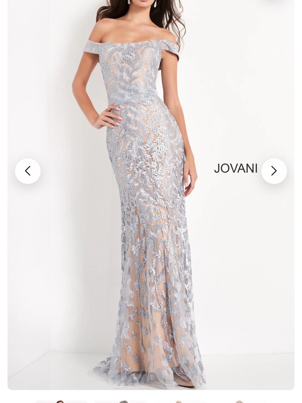 Jovani Off-Shoulder Champagne Lace Evening Gown